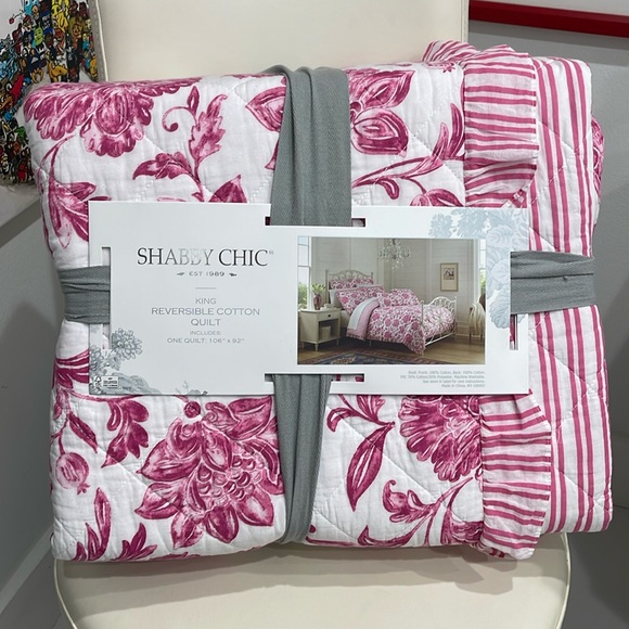 Shabby Chic Pink( Fuschia)/White Floral/Striped Print Reversible KING QUILT